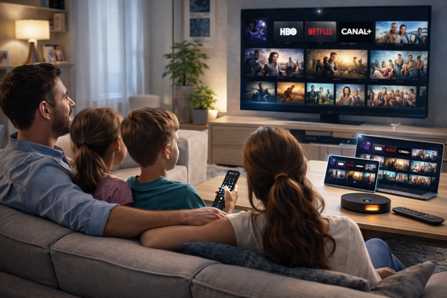 Rodzina oglądająca telewizję w nowoczesnym salonie